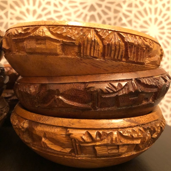 RARE Vintage Large Wooden Carved Salad Bowl Set - Picture 16 of 16